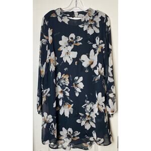 Cici Blue Floral Peephole Nape Long Sleeve Lined Chiffon Mini Dress Size Medium